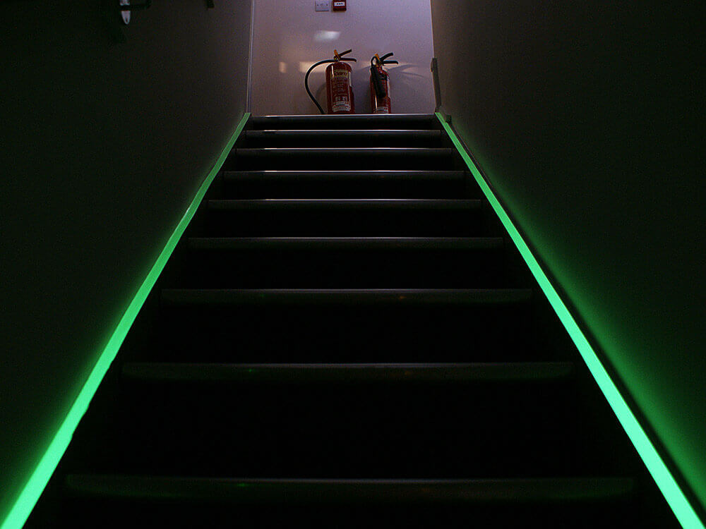 Photoluminescent Glow in the Dark Egress Tape from Heskins Lighting Your Way to Safety - Glow in the dark stair nosing