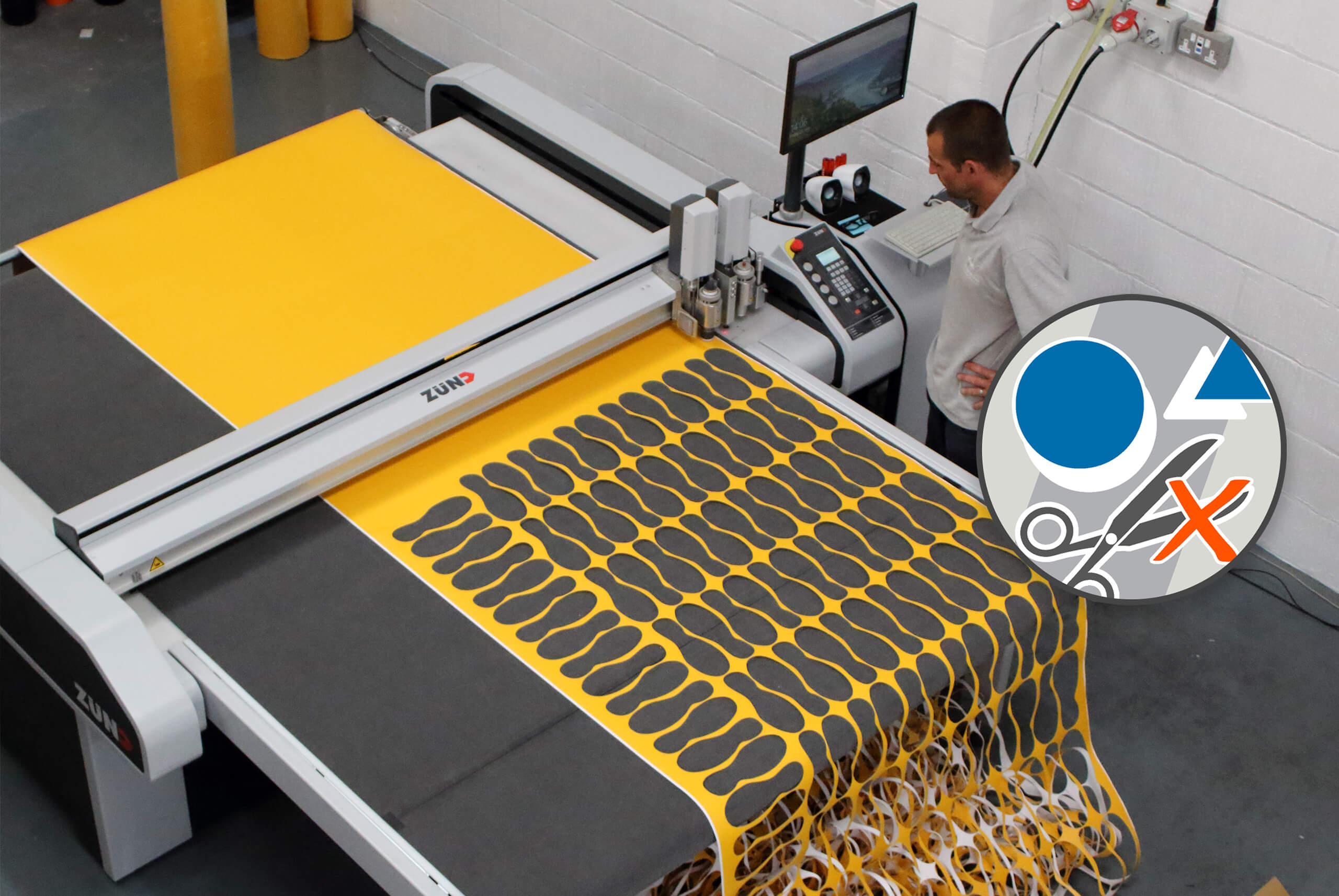 Yellow PermaStripe Being Cut With Zund Toolless Die Cutter with Graphic